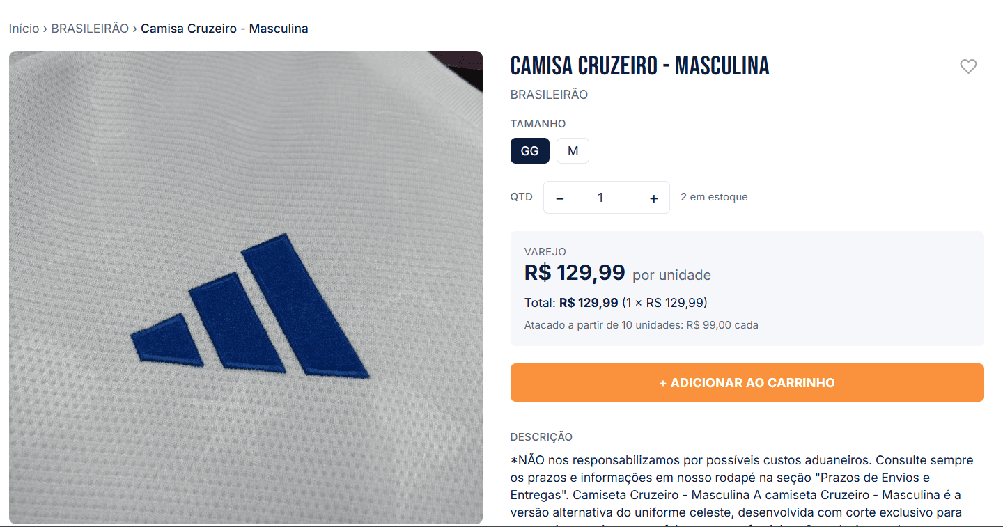 Product page for a football shirt