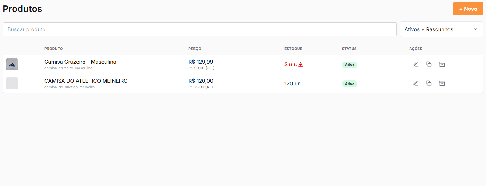 Admin product list with stock and status
