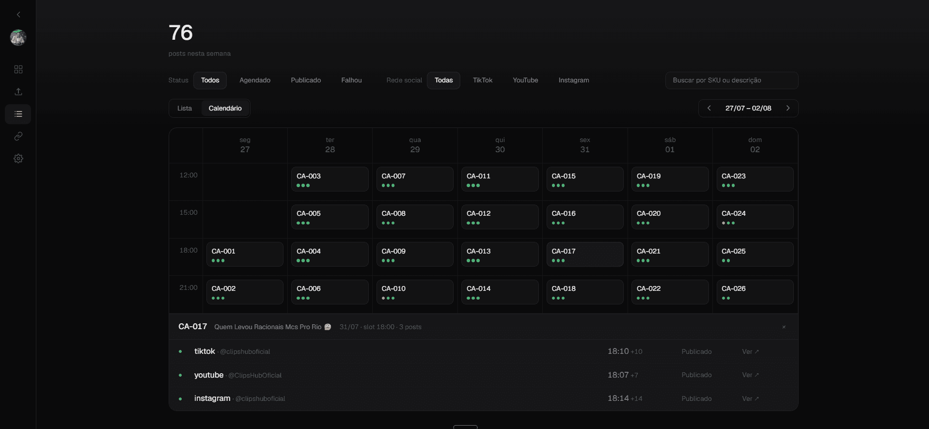 Weekly calendar of scheduled posts
